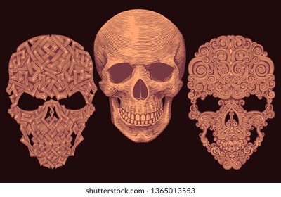 Patterned skulls. Design set. Hand drawn engraving. Editable vector vintage illustration. Isolated on dark background. 8 EPS