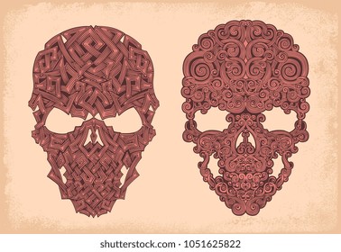 Patterned skulls. Hand drawn engraving. Vector vintage illustration. 8 EPS
