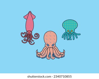 
Patterned squid, octopus and squid living happily in the sea