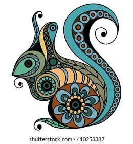 Patterned squirrel in floral style. Suitable for invitation, flyer, sticker, poster, banner, card, label, cover, web. Vector illustration.