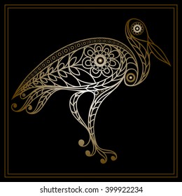 Patterned stork (heron) in floral style. Suitable for invitation, flyer, sticker, poster, banner, card,label, cover, web. Vector illustration.