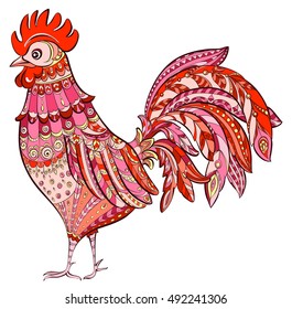 Patterned stylized fiery red rooster isolated on white background. Symbol of chinese 2017 new year. Hand drawn vector illustration