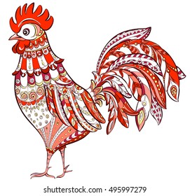 Patterned stylized fiery red rooster isolated on white background. Symbol of chinese 2017 new year. Hand drawn vector illustration