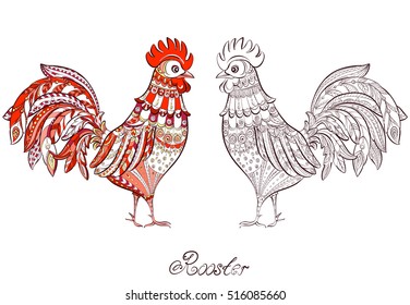 Patterned stylized fiery red rooster isolated on white background. Symbol of chinese 2017 new year. Hand drawn vector illustration