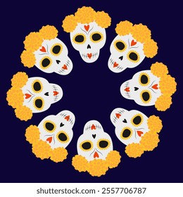 Patterned Sugar Skulls in marigold wreath Circle frame border on dark background Copy space Template