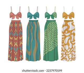 Patterned summer dresses vector illustrations set. Collection of cartoon drawings of bras and long skirts for women, beach outfits isolated on white background. Fashion, seasons concept