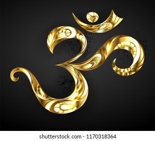 Patterned symbol Om, made of sparkling gold on black background.
