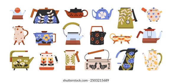 Patterned teapots set. Different tea pots: electric, glass, ceramic, metal. Modern and traditional kettles. Kitchenware to boil drinks, water. Flat isolated vector illustrations on white background