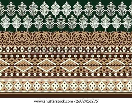 patterned textile design with geometric and floral elements arranged in horizontal bands, for textile, wallpaper, gift wrapping.