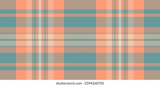 Patterned texture textile seamless, handmade check plaid pattern. Holiday background fabric tartan vector in orange and teal colors palette.