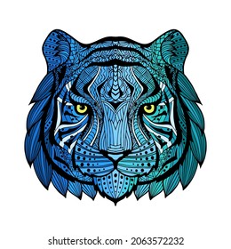 Patterned tiger head blue with a black and white stroke. Abstract ethnic picture tiger head with tribal ethnic ornament. The ornament is painted by hand. Vector illustration. 