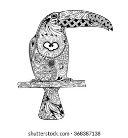 Patterned toucan drawing. Hand Drawn doodle vector illustration. Zentangle Style.