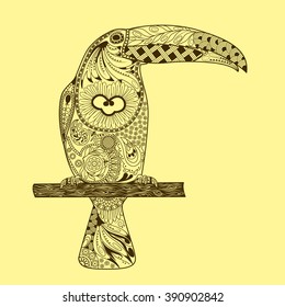 Patterned toucan drawing. Hand Drawn doodle vector illustration. Zentangle Style.