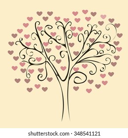 Patterned tree with red hearts. The nature of the plant. Love romantic Valentines day