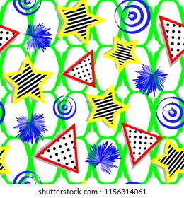 patterned triangles and stars with drop shadow Memphis design on vibrant green fishnet background seamless pattern