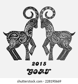 Patterned two goats - a symbol of new 2015. Black and white concept for a card. Vector illustration