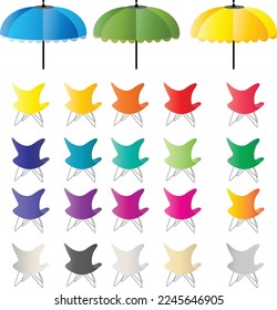 Patterned umbrellas and colorful chairs