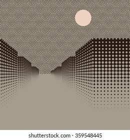 A patterned urban landscape on a gray foggy evening