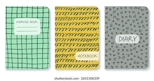 Patterned vector exercise books for educational materials. Versatile hand-drawn graphics for learning contexts. Heart doodle pattern in a playful diary layout.