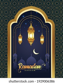 patterned vector vertical poster, golden vintage lanterns for Ramadan wishing. Arabic shining lamps. Décor in Eastern style. Islamic background. Ramadan Kareem card, advertising, greetings	