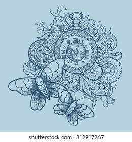 Patterned vintage clock with precious ornaments and gears and two moths.  Dot work