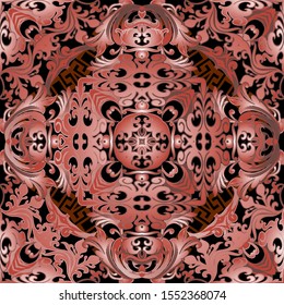 Patterned vintage colorful vector seamless pattern. Ornamental Baroque background. Greek key meanders abstract shapes. Floral Damask ornaments. Victorian baroque style intricate flowers, leaves.
