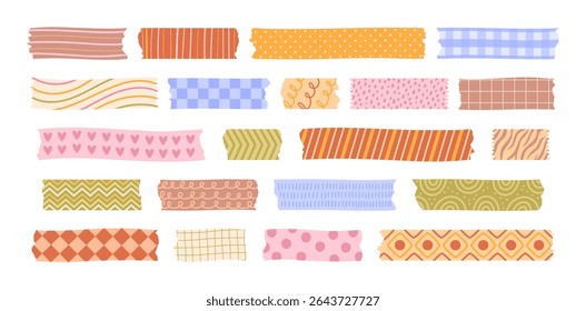 Fita washi padronizada. Tiras adesivas coloridas com desenhos à mão e padrões geométricos abstratos. Scrapbooking conjunto de vetores de divisores decorativos de mídia mista temática.