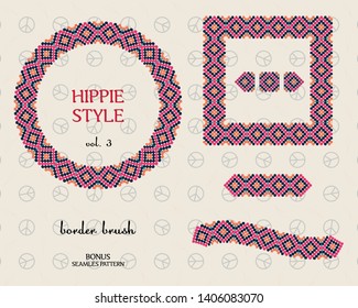 Patterned weaving - hippie-style border brush in pink color on a white background. Freely transformable vector object, EPS10. Ornament in vintage style. Stock pic. Bonus -a seamless pattern of pacif