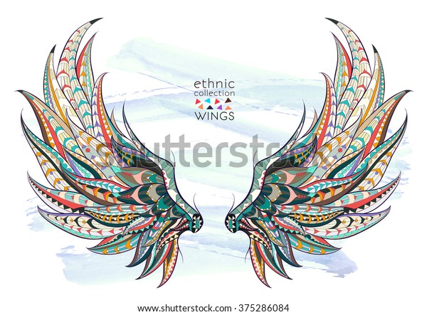 Patterned wings on the grunge\
background. African / indian / totem / tattoo design. It may be\
used for design of a t-shirt, bag, postcard, a poster and so on. \
