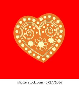 Patterned yellow heart on a red background. Vector illustration