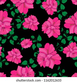Pattern.Hibiscus flower with branch on black background