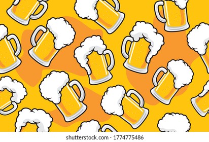 Patterning of draft beer mugs with foam on yellow background. Continuous repeat pattern