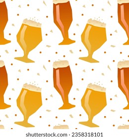 Patterning of draft beer mugs with foam on white background. Continuous repeat pattern