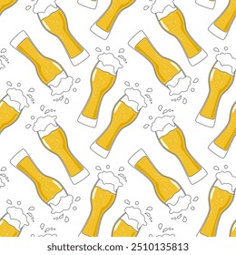 Patterning of draft beer mugs with foam on yellow background. Continuous repeat pattern