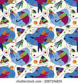 The patternis a abstract Fantasy inspired by Juan Miro. Blue, yellow, red, green colors. Eyes, stars, moon, umbrella, hand, abstract figures, stars. It can be used for textile, paper,copybook.