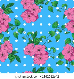 Pattern.Roses with branch on blue background