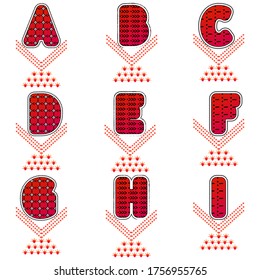Patterns alphabet set. Abcdefghi collection. Red gradient bold letters. Dots dash pattern characters. Vector stock text. Lettering illustration. Logo initials. Heading title font. Graphic alphabets.