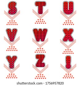 Patterns alphabet set. Stuvwxyz collection. Red gradient bold letters. Dots dash pattern characters. Vector stock text. Lettering illustration. Logo initials. Heading title font. Graphic alphabets.