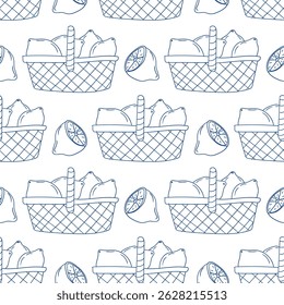 Patterns of baskets filled with snacks and desserts create a playful design