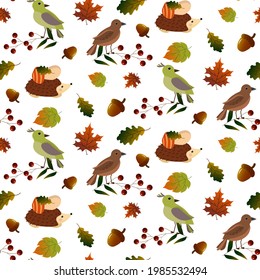 Patterns with birds, hedgehog and autumn leaves. Hello, Autumn. Vector illustration isolated on white background. For prints, childrens clothing, home textiles, covers, brochures, packaging and other
