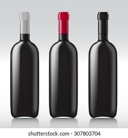 Patterns of black empty wine bottles. Set of realistic bottles ready for a sample of your design. Vector illustration.