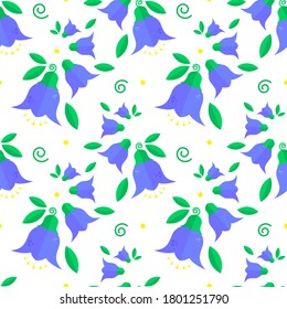Patrones con flores azules, flores de timbre y hojas verdes sobre un fondo blanco. El fondo es impecable. Diseño para textiles, afiches, pancarta 