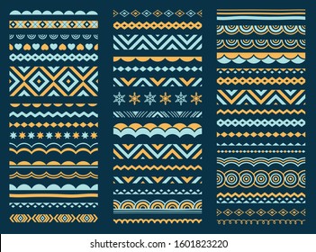 Patterns, borders, ornaments, decorative design elements collection. Seamless border set.