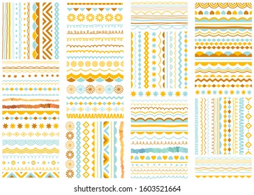 Patterns, borders, ornaments, decorative design elements collection. Seamless border set. Hand drawn summer ornaments, icons, symbols, sticker ribbons for greeting decoration.