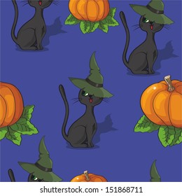 Patterns with Cat in the Hat for Halloween on a blue background