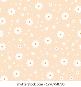 Patterns of chamomile and daisies. Design of floral textile for baby, kid print fabric. Endless repeating beige background of white flowers, leaves, plants. Vector