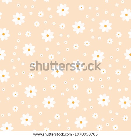Patterns of chamomile and daisies. Design of floral textile for baby, kid print fabric. Endless repeating beige background of white flowers, leaves, plants. Vector