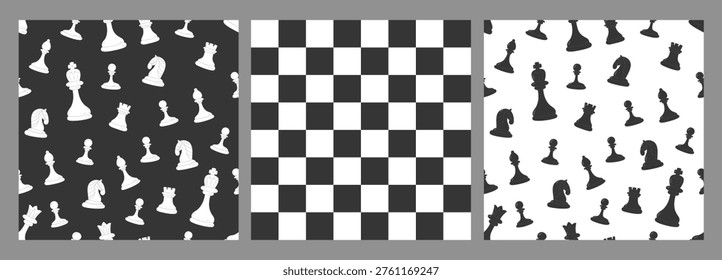 Patterns with checkerboard, black and white chess pieces. Vector seamless textures with chessmen in flat style on black and white background.  