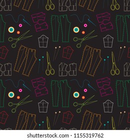 Patterns of clothing and sewing accessories. Seamless background.