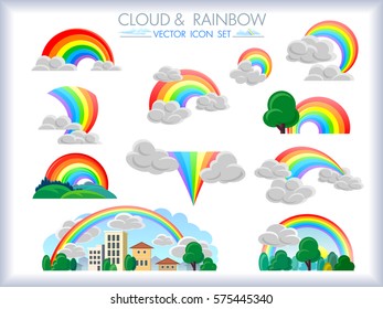 Patterns of clouds, rainbows, trees & buildings. Vector Illustration